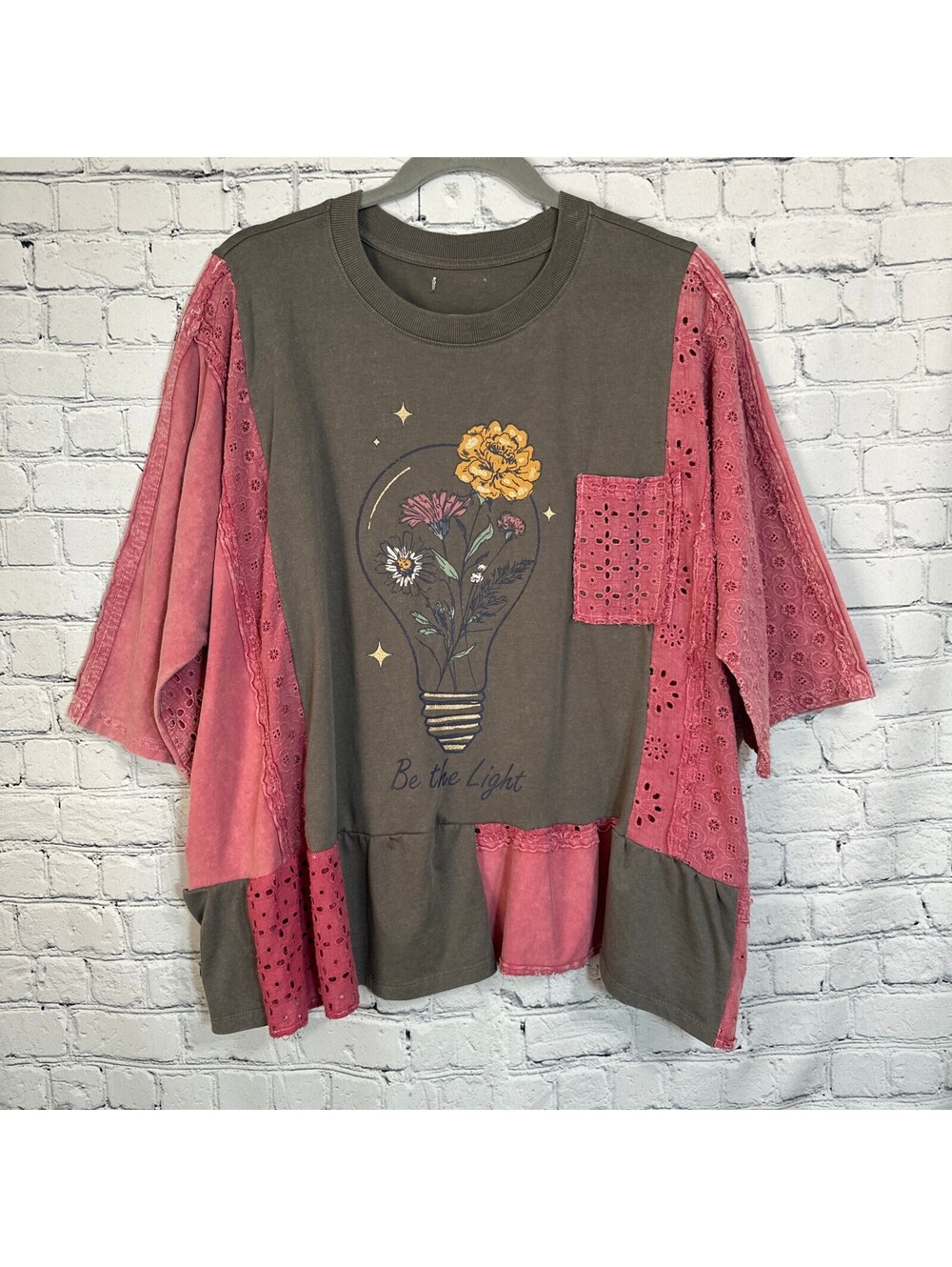 Upcycled "Be the Light" Boho Eyelet Crochet Ruffled Patchwork Graphic-Tee OS